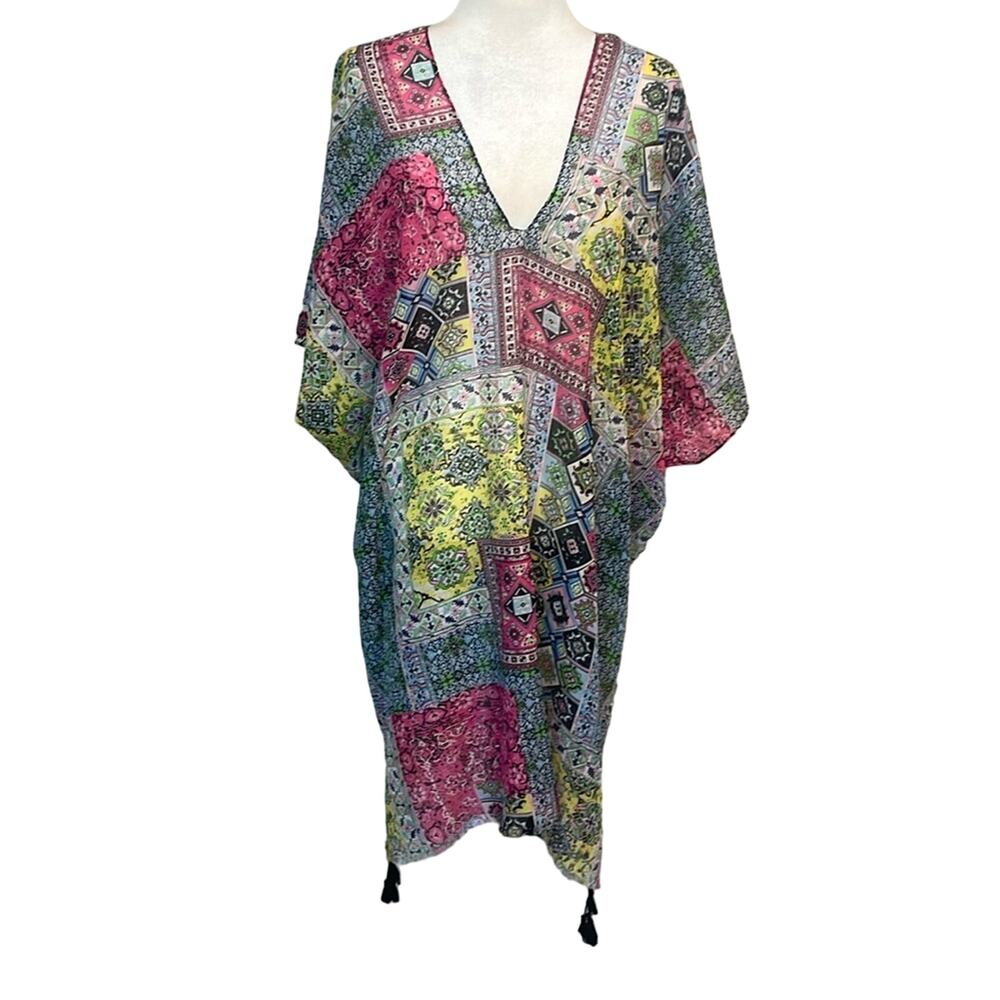 NWT Subtle Luxury Pool To Party Print Sheer Handkerchief Hem Coverup Kaftan O/S - Picture 1 of 9